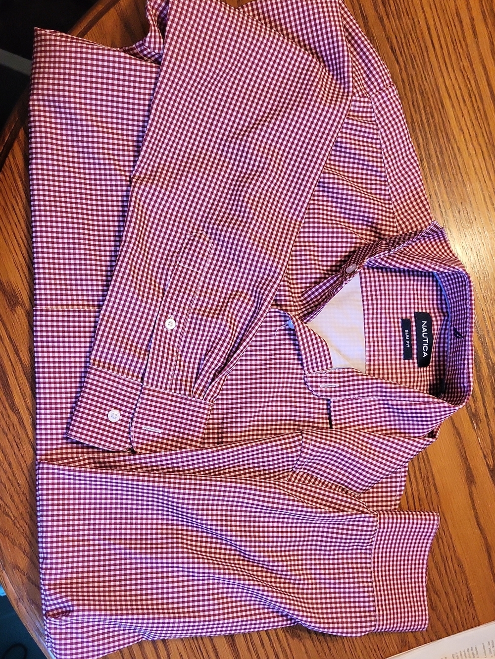 Nautica Men's Red and White Gingham Button-Up Shirt